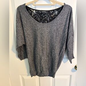 Express Women's Heather Gray Scoop Neck Sweater with Black Lace Detail